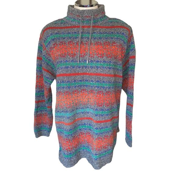 Liz Wear Vintage Sweater Mock Neck Drawstring Striped Grey Multicolored small - Picture 1 of 5